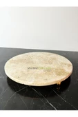 Modestmar Doğal Traverten mermer 28 cm Gold Ayaklı Sunumluk, Traverten Tepsi Gold Top ayak - 1