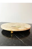 Modestmar Doğal Traverten mermer 28 cm Gold Ayaklı Sunumluk, Traverten Tepsi Gold Top ayak - 2