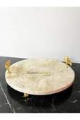 Modestmar Doğal Traverten mermer 28 cm Gold Ayaklı Gingko Detaylı Sunumluk, Traverten Tepsi - 6