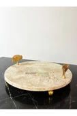Modestmar Doğal Traverten mermer 28 cm Gold Ayaklı Gingko Detaylı Sunumluk, Traverten Tepsi - 4