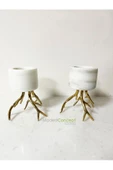 Modestmar Doğal Beyaz Mermer Mumluk, Ayaklı Mumluk, Mermer TeaLight, Gold Ayaklı Mumluk 2 Adet - 5