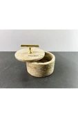 Modestmar Doğal Traverten Mermer Kase, Gold Aksesuarlı Kapaklı Mermer Kase, Dekoratif Kase, Takılık - 4