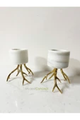 Modestmar Doğal Beyaz Mermer Mumluk, Ayaklı Mumluk, Mermer TeaLight, Gold Ayaklı Mumluk 2 Adet - 4