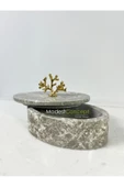 Modestmar Doğal Gri Mermer Kase, Mermer Takı Kutusu,mermer Organizer, Dekoratif Kase, Oval Kase Gold Mercan thumbnail 3