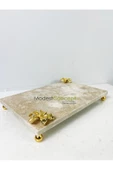 Modestmar Traverten Mermer Sunum Tepsisi 20x30 Gold Çiçek Detaylı Gold Top Ayaklı - 3