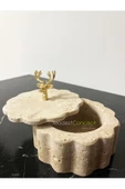 Modestmar Doğal Traverten Mermer Kase, Gold Geyik Aksesuarlı Kapaklı Mermer Kase, Dekoratif Kase, Takılık - 5