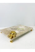 Modestmar Traverten Mermer Sunum Tepsisi 20x30 Gold Çiçek Detaylı Gold Top Ayaklı - 2
