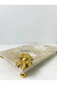 Modestmar Traverten Mermer Sunum Tepsisi 20x30 Gold Çiçek Detaylı Gold Top Ayaklı - 4