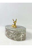 Modestmar Doğal Gri Mermer Kase, Mermer Takı Kutusu,mermer Organizer, Dekoratif Kase, Oval Kase Gold Geyik - 6
