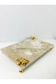 Modestmar Traverten Mermer Sunum Tepsisi 20x30 Gold Çiçek Detaylı Gold Top Ayaklı - 2