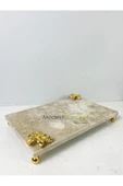 Modestmar Traverten Mermer Sunum Tepsisi 20x30 Gold Çiçek Detaylı Gold Top Ayaklı - 1