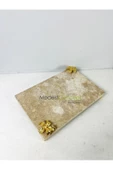 Modestmar Traverten Mermer Sunum Tepsisi 20x30 Gold Çiçek Detaylı Gold Top Ayaklı - 4