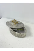 Modestmar Doğal Gri Mermer Kase, Mermer Takı Kutusu,mermer Organizer, Dekoratif Kase, Oval Kase Gold Mercan thumbnail 1
