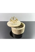 Modestmar Doğal Traverten Mermer Kase, Gold Mercan Aksesuarlı Kapaklı Mermer Kase, Dekoratif Kase, Takı Kutusu - 4
