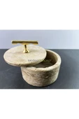 Modestmar Doğal Traverten Mermer Kase, Gold Aksesuarlı Kapaklı Mermer Kase, Dekoratif Kase, Takılık - 1