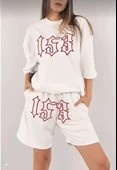 Kadın Unisex Nakış İşlemeli Şort Takım - Beyaz - 1