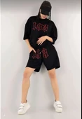 Kadın Unisex Nakış İşlemeli Şort Takım - Siyah - 2