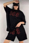 Kadın Unisex Nakış İşlemeli Şort Takım - Siyah - 1