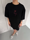 Unisex Bisiklet Yaka Baskılı Oversize T-Shirt - Siyah - 1