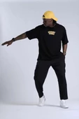 Unisex Bisiklet Yaka Baskılı Oversize T-Shirt - Siyah - 1