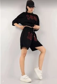 Kadın Unisex Nakış İşlemeli Şort Takım - Siyah - 3