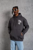 Erkek Baskılı Kapşonlu SweatShirt - Füme - 1