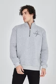 Erkek Yarım Fermuarlı Baskılı Sweatshirt - Gri - 6