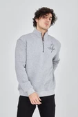 Erkek Yarım Fermuarlı Baskılı Sweatshirt - Gri - 3
