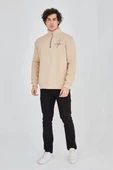 Erkek Yarım Fermuarlı Baskılı Sweatshirt - Bej - 1