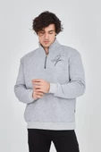 Erkek Yarım Fermuarlı Baskılı Sweatshirt - Gri - 7