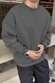 Erkek Düz Bisiklet Yaka Sweatshirt - Füme - 1