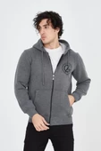 Erkek Kapüşonlu Baskılı Fermuarlı Hırka - Füme - 6