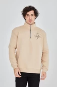 Erkek Yarım Fermuarlı Baskılı Sweatshirt - Bej - 2