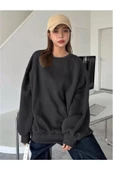 Kadın Düz Bisiklet Yaka Sweatshirt - Siyah - 1