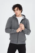 Erkek Kapüşonlu Baskılı Fermuarlı Hırka - Füme - 4
