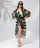 Kadın Rahat Kesim Kemerli Şifon Kimono - Yeşil - 3