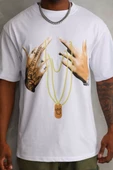 Unisex Baskılı Oversize T-Shirt - Beyaz - 1