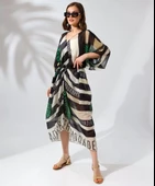 Kadın Rahat Kesim Kemerli Şifon Kimono - Yeşil - 5