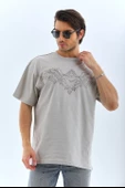Unisex Oversize Taşlı Bisiklet Yaka T-Shirt - Gri - 7