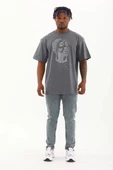 Unisex Oversize Taşlı Bisiklet Yaka T-Shirt - Füme - 5