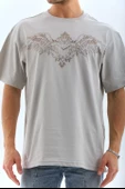 Unisex Oversize Taşlı Bisiklet Yaka T-Shirt - Gri - 1