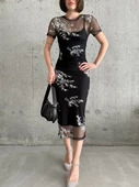 Kadın Baskılı Şifon Kimono Elbise - Siyah - 4