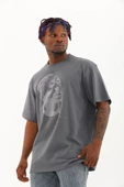 Unisex Oversize Taşlı Bisiklet Yaka T-Shirt - Füme - 3