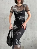 Kadın Baskılı Şifon Kimono Elbise - Siyah - 1