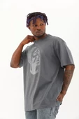 Unisex Oversize Taşlı Bisiklet Yaka T-Shirt - Füme - 1
