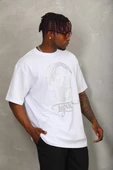Unisex Oversize Taşlı Bisiklet Yaka T-Shirt - Beyaz - 2