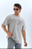 Unisex Oversize Taşlı Bisiklet Yaka T-Shirt - Gri - 4
