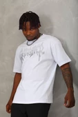 Unisex Oversize Taşlı Bisiklet Yaka T-Shirt - Beyaz - 4