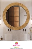 Antik Ahşap Dekoratif Ayna Yuvarlak Ayna Duvar Aynası Banyo Lavabo Aynası - 69 Cm - 1
