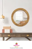 Antik Ahşap Dekoratif Ayna Yuvarlak Ayna Duvar Aynası Banyo Lavabo Aynası - 43 Cm - 4